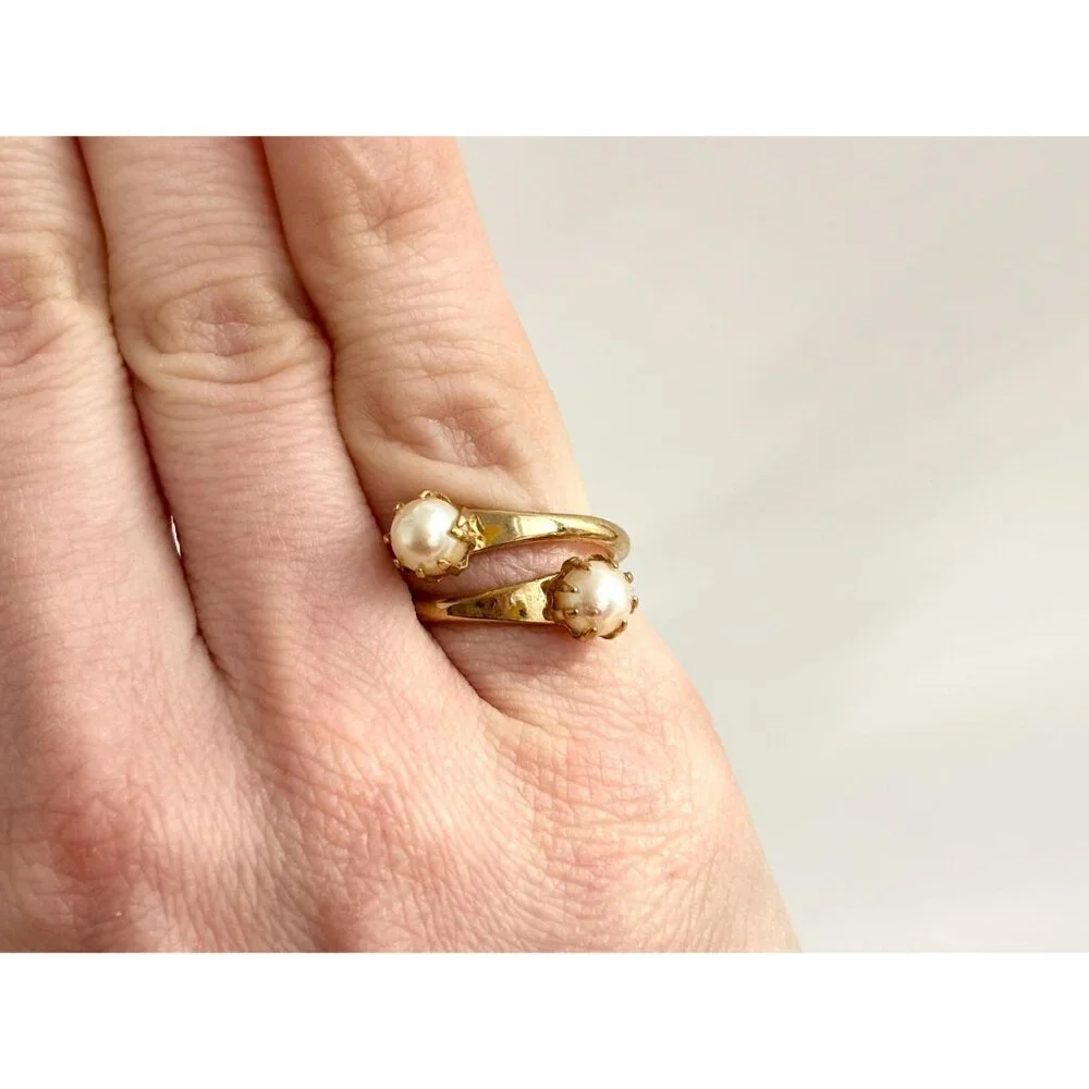 Faux Pearl Wrap Adjustable Gold Toned Costume Jewelry Vintage Ring - sz 4.25 - Picture 15 of 16